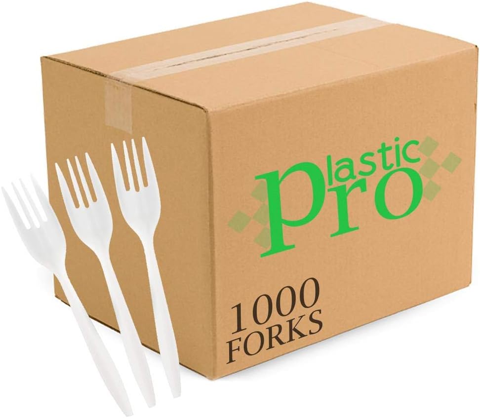 - Plasticpro Cutlery Plastic Forks Medium Weight Disposable Silverware (White,1000 Forks)