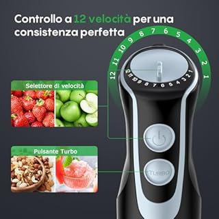 FRESKO Frullatore a Immersione 4-in-1, 1000 W Minipimer Immersione in 304 Acciaio Inossidabile, con 12 Velocità e Modalità Turbo, Antispruzzo Design, Include Misurino, Tritatutto e Frusta (HB3302)