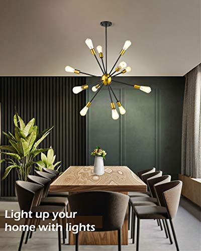 Jazava Modern Sputnik Chandelier Light Fixture, 12 Light Starburst Chandelier Pendant Lighting, Ceiling Lights For Kitchen Bedroom, Black & Brass Brushed #TOP5