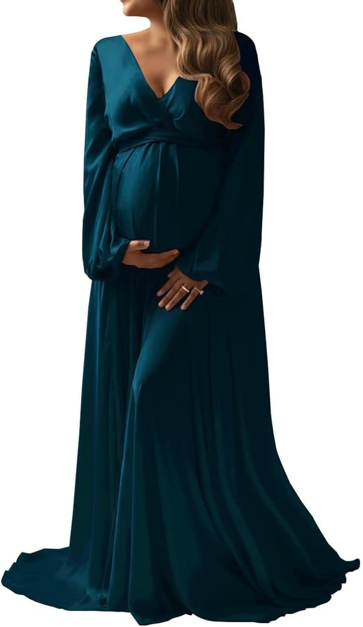 Long Sleeve Maternity Dress for Photoshoot Chiffon V-Neck Pregnancy Dresses for Women