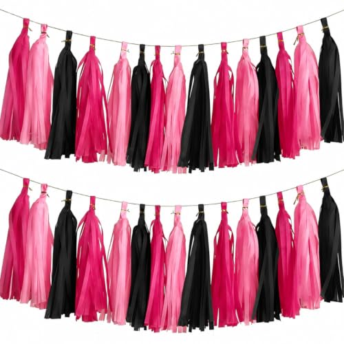 Hot Pink and Black Tassel Garland Banner,30 Pack Paper Tassels Streamers for Girls Women Birthday Party Decor