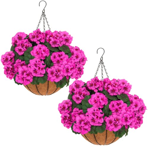 Image of 2 Set Artificial Hanging Flowers with Basket for Outdoor Decor, 12 Pcs Silk Geraniums Fake Plants for Garden Porch Patio Balcony Yard Home Decoration(Pink)