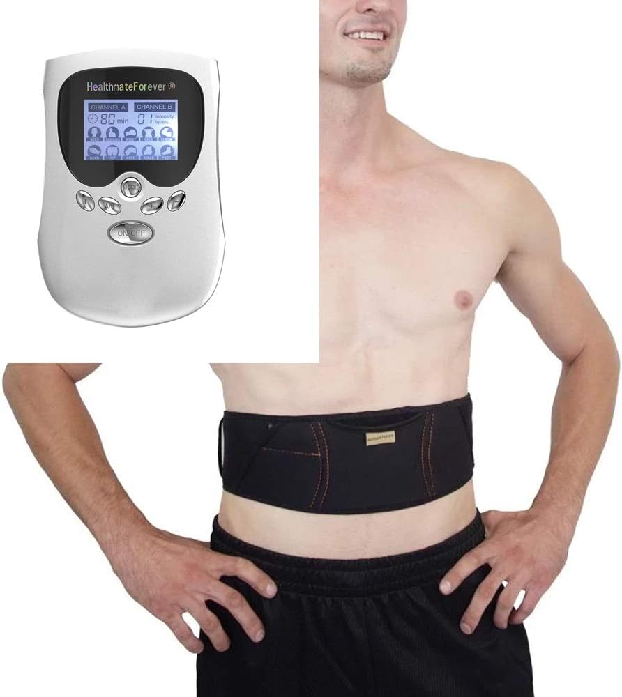 HealthmateForever PM10AB White Best Powerful Pain Relief Electric Impulse 8 Modes Massager | Muscle Pulse Massager + Extra Weight Loss Abs Waist Toning Belt | Hand Held Massagers for Back Pain Relief