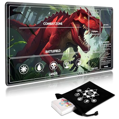 Image of for MTG Playmat with Card Storage Bag,Non-Slip Rubber Base & Smooth Surface 24x14in,Beginner-Friendly Magic Mat for Commander Deck,Red Dinosaur