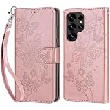 KENHONER Coque pour Samsung Galaxy S25 Ultra, Housse Etui Portefeuille Cuir Multifonction, Fermeture Magnétique à Clapet Anti Choc Compatible avec Coque Samsung S25 Ultra Book   Or Rose Papillon