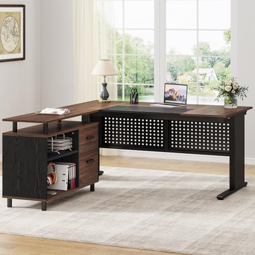 Image of Tribesigns 63 Inch Executive Desk with File Cabinet, Large Office Desk L Shaped Computer Desk with Drawers and Storage Shelves, Business Furniture Desk for Home Office, Dark Walnut and Black