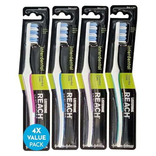 REACH Essential Care Interdental Hart Zahnbürste, Einzelpackung x 4, voller Kopf Firm Toothbrush Hard Borsten Handzahnbürsten, Vielzahl von Farben Multipack, Täglich Oral Emaille Zahnpflege