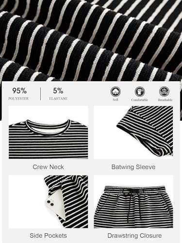 Image of Tankaneo Womens Pajama Sets Striped 2 Piece Lounge Sets Short Sleeve Oversized T Shirts Drawstring Shorts Matching Set