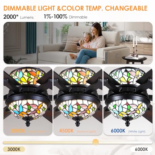 Ceiling Fans with Lights - 52" Black Ceiling Fan Chandelier with 6 Dual-Blades and Glass Shade, 6 Speeds and Reversible, Indoor and Outdoor Antique Fan Light Fixture, Retro Style Butterfly Décor 8268 by BYKISTOK - Used condition - Image 2