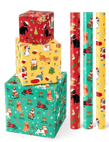 WERNNSAI Cat Christmas Wrapping Paper Rolls - 3 Rolls 17” x 120” Kids Cat Christmas Wrapping Paper Medium Roll Set Funny Kitten Christmas Wrapping paper Xmas Rolls Party Gift Decoration, for Girls/Boys
