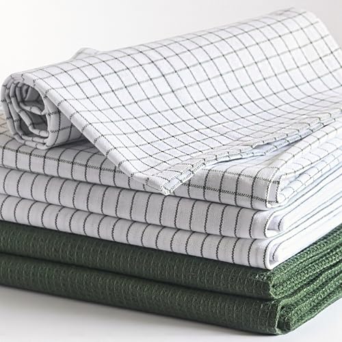 LIVINATI Highly Absorbent Cotton Kitchen Towels for Drying Dishes - Set of 6 Dish Towels - Narrow Sage Green Stripes Plaid Waffle Dishtowels - 18\"X28\" Large Lint Free Linen Tea Hand Bulk T Towls - Thumbnail 2