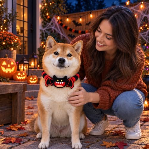 Halloween Dog Collar, Stretchy Pom Pom Pet Collar with Embroidered Bat, Slip On Cozy Cat Collar for Small Medium Large Dogs Cats, Spooky Cute Fall Halloween Costume Accessory, Black Red — 사진 5