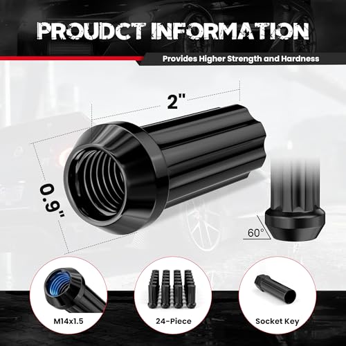 14x1.5 Wheel Lug Nuts, 24 pcs Black M14x1.5 Lug Nut Closed End Long Extended XL Spline with 1 Socket Key for Silverado 1500 Tahoe Avalanche Sierra 1500 Yukon Escalade 6 Lug Aftermarket Wheels
