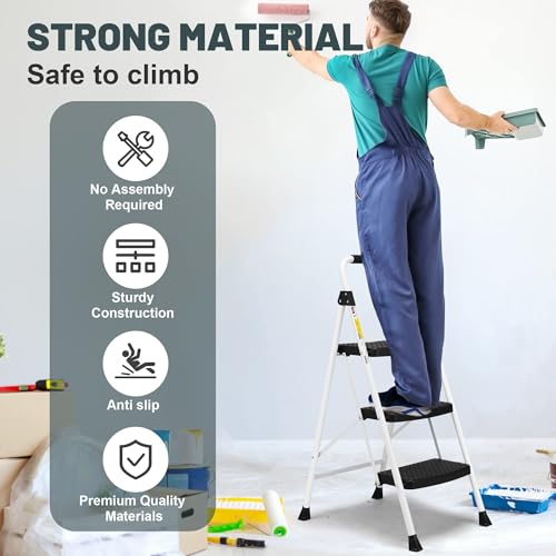 SocTone 3 Step Ladder, Folding Step Stool for Adults with Handle, Lightweight, Perfect for Kitchen& Household, 500lbs Capacity Sturdy Steel Ladder White by Soctone - Image 2