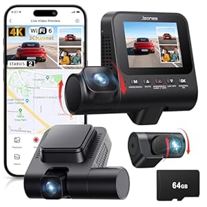 3-Kanal Dashcam Auto Vorne Hinten und Innen mit STARVIS 2 Nachtsicht und HDR, 4k Dashcam Auto APP-Steuerung, 24H Parküberwachung, G-Sensor, integriertem WiFi 6 & GPS – Kostenlose 64 GB Karte