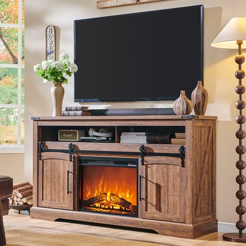 For 70 Inch Tv, 34" Tall Highboy Entertainment Center With 23" Electric Fireplace, Rustic Media Console W/sliding Arched Door For Living Room,reclaimed Barnwood