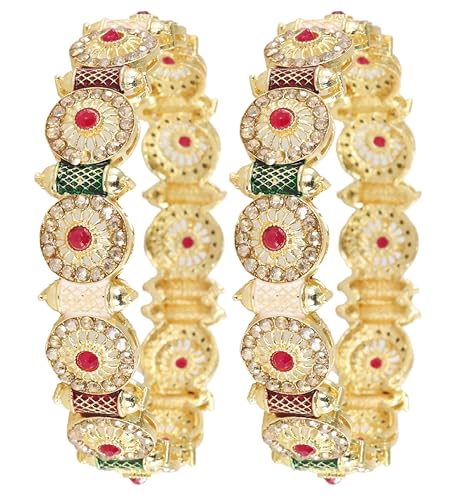 Image of NMII Royal Golden Metal Bangles Set For Women & Girls with Zircon Diamond Stone | Traditional Gold Plated Kangan Set | Fancy Women's Fashion Jewellery Bangles | Wedding, Party, Festive- Set of 2