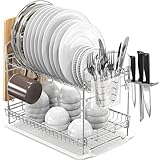 Simple Houseware 2-Tier Stainless Steel Dish Rack with Drainboard, Chrome for Kitchen