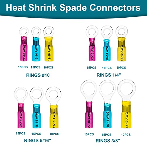 160 Pcs Heat Shrink Wire Connectors, 22-10 Awg Ring Terminals Waterproof, 22-10 Awg Wire Terminals Marine Automotive For #10 1/4" 5/16" 3/8" Stud #TOP1