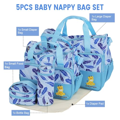 Image of Moclever 5Pcs Baby Nappy Diaper Bags Set-Baby Bags for Mom,Waterproof Maternity Bags with Bottle Bag,Food Bag&Changing Pad For Mom Dad