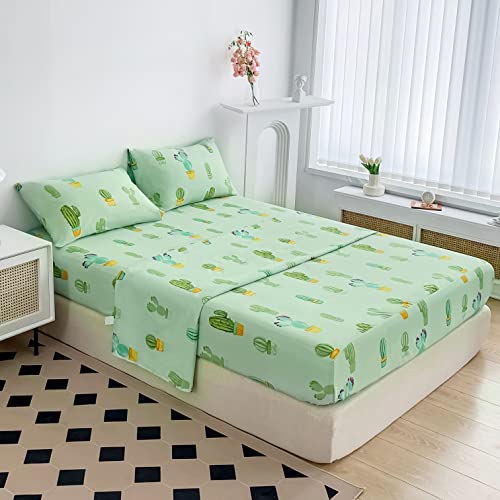 Lamejor Bed Sheet Set Mint Twin Size Cactus Pattern 14 Inch Deep Pockets 4 Piece - 1 Flat Sheet, 1 Fitted Sheet, 2 Pillow Cases Extra Soft #TOP1