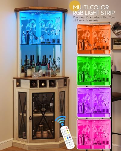 DWVO Corner Bar Cabinet with LED, 72" Tall Farmhouse Wine Cabinets, Liquor Stand w/Tempered Glass Door & Adjustable Shelf, Alcohol Storage with Wine Rack & Glass Holder for Living Room, Off White