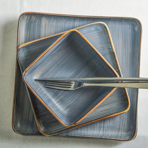 Stone Lain Esmeralda Porcelain Dinnerware Set, Service for 4, 16 Pieces Square Grey Brushed Design - Thumbnail 7