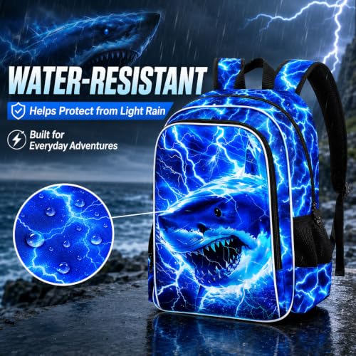 Image of 3Pcs Shark Backpack for Boys, Lightning Kids Bookbag with Lunch Box, 17 inch School Backpacks for Elementary Preschool Kindergarten (Blue)