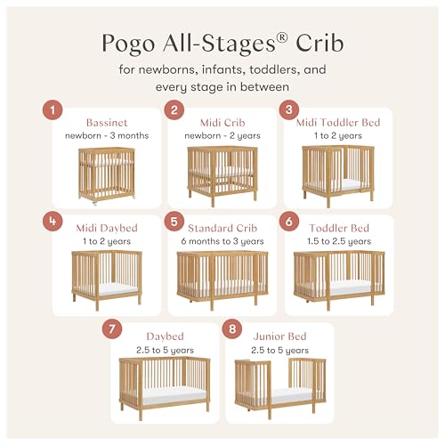 Image of Babyletto Pogo Convertible All-Stages Bassinet, Midi, Full-Size Crib in Honey, Greenguard Gold and FSC Certified, Portable & Adjustable with Conversion Kits and Pads Included