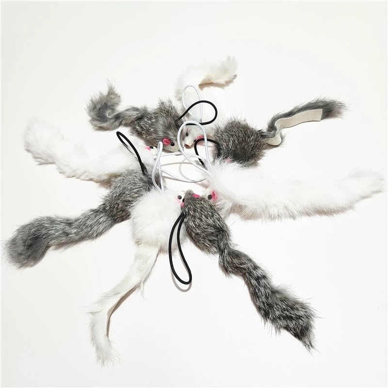Caticalife Real Rabbit Fur Mouse Cat Toy - 5 Pack with Crinkle Sound Rattle & Rope Extra-Wide Durable Tail Interactive Hunting Toys for Indoor Cats (No Catnip)