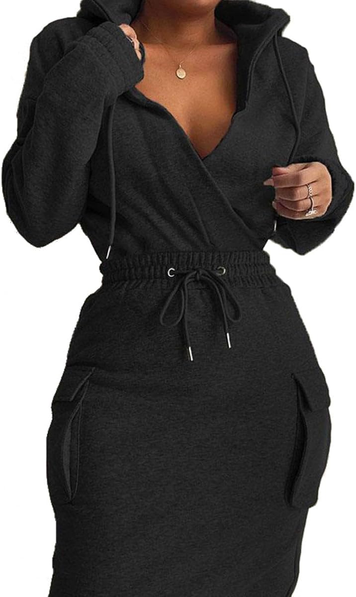 BIRW Hoodie Dress for Women 2026 Slim Casual Long Sleeve High Waist Drawstring Pullover Bodycon Sweatshirt Dresses