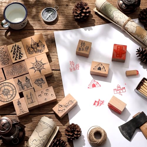 Marspark 48 Pcs Map Making Stamp Kit Compass Mountains Vintage Rubber Stamp Kit Compass Outdoor Scenery Stamps for RPG Adventures Storytelling Creative Projects DIY Crafts Scrap Booking Supplies - Thumbnail 5