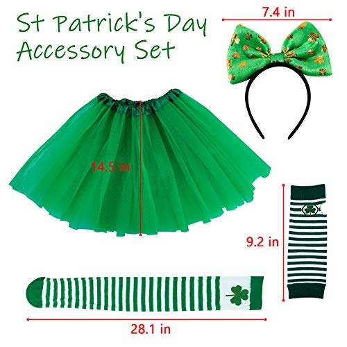 Lady Up 4 Pcs St Patrick\'s Day Costume Accessories Set, Irish Shamrock Party Costume with Gloves & Stockings & Hair Clasp & Skirt Set Green