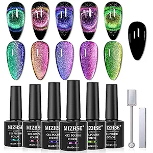 MIZHSE 9D Cat Eye Gel Nail Polish Magnetic Cat Eye Gel Nail Polish Magnetic Gel Nail Polish with Chameleon Magic Effect 10ml with 2 Magnet Stick Gel Nail Polish Set 6pcs (9D Collection 1)