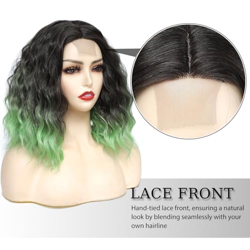 Image of Rose bud Wavy Bob Wig Natural Wig Black to Green Synthetic Hair Shoulder Length Short Curly Middle Part Lace Front Wigs for Women