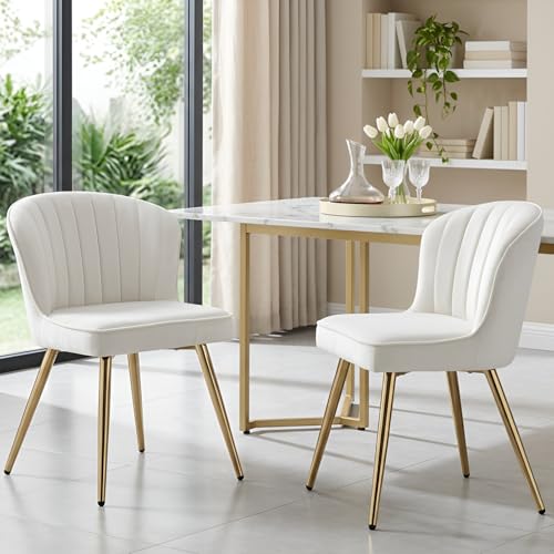 Ya-Home Lot de 2 Chaises de Salle à Manger en Velours Moderne Chaise Salle a Manger Doré, Coussin Rembouré, Chaise de Cuisine Confortable, Beige