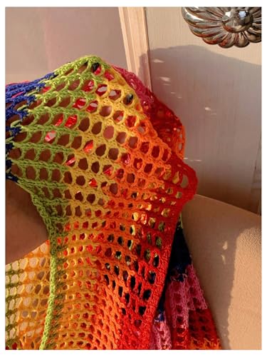 Image of MakeMeChic Women's Rainbow Striped Crochet Shrug Top Bell Sleeve Crop Tops Hollow Out Sweater