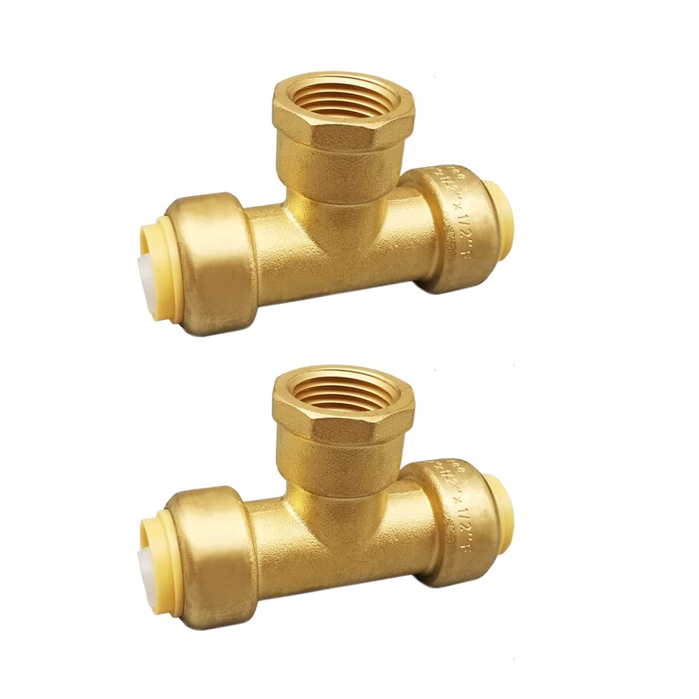 Pex Fittings Tee Female 1/2" Push Fit Female Plumbing Tee No Lead Push-to-Connect Plumbing Fittings Brass Pipe Connector T Fittings for Copper PEX CPVC 2Pcs
