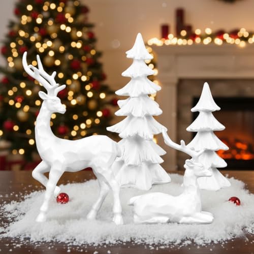 4-Piece White Christmas Tree Figurines and Resin Elk Sculpture Winter Reindeer Decor Resin Christmas Trees Tabletop Tree Artificial Animal Crafts for Indoor Home Decor Tabletop Mantle Cabinet Desktop