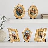 97 Decor Small Gold Picture Frames Set - 5 Pcs Vintage Mini Picture Frames Gold, Oval Rectangle Baroque Gallery Wall Frame Pack, Assorted Vintage Frame Set For Wall Decor (With Backing, Without Glass)