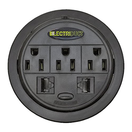 Power Tap Grommet with Hidden Power Center w/ 3 Power & 2 Cat5E - 2 Pack - Black