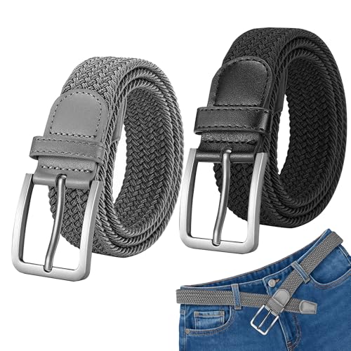 Caldamn 2PCS Belts for Mens Elasticated Belt Black Grey Buckle Canvas Belts for Men Casual Woven Men Teenager Stretch Elastic Belt for Trousers Jeans Pants (115cm/45inch Length)