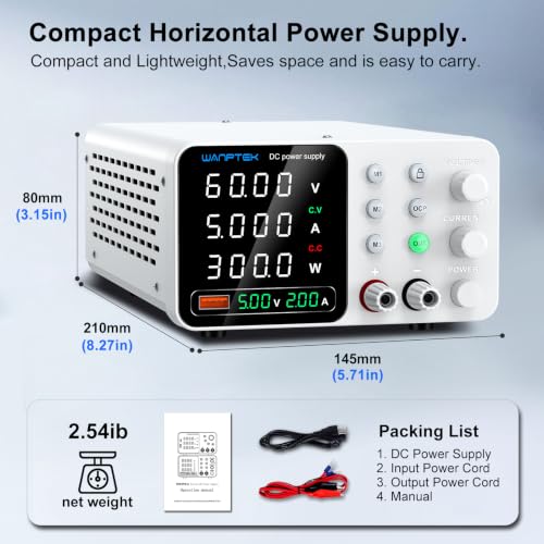 Image of WANPTEK DC Power Supply Variable 0-60V 0-5A, Adjustable Switching Regulated Bench Power Supply with Memory Preset, Lock Key, OCP Protection, USB Fast Charging for Laboratory /Electronic Repair
