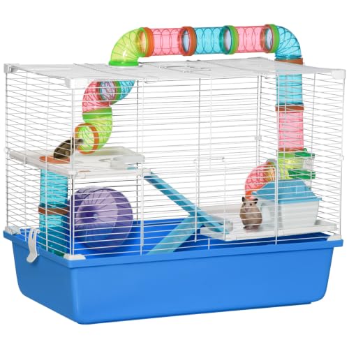 PawHut Hamster Cage w/Tubes Exercise Wheel, Water Bottle, Food Dish - Blue