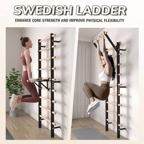 GMWD Swedish Ladder Wood Stall Bar, Suspension Trainer with Pull-Up Bar and Dip Bar Attachments, Wooden Stall Bar with 9 Strategic Rods for Core Strengthening and Stretching Balanced - Thumbnail 4