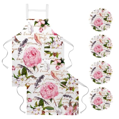 Tabliers de cuisine lot de 2 avec motifs plumes roses et 4 broches incluses