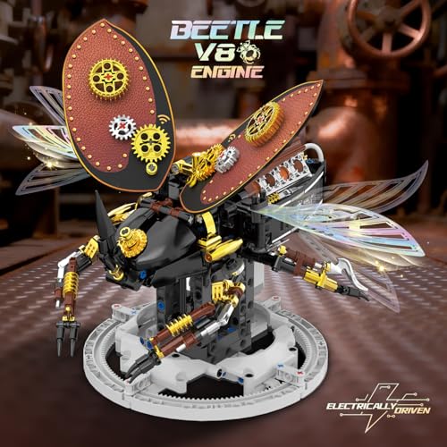 Image of Bionic Steampunk Beetle Insect Building Set, Poseable Articulated Mechanical Joints, Motorized Movable STEM Brick Model with Display Stand, Vintage Gear Collectible Decor Gift for Kids Teens Adults