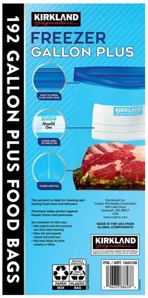 Kirkland Signature Freezer Gallon Plus Bags Double Zipper, 192 Count