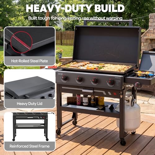Image of Feasto 36-Inch 4 Burner Propane Flat Top Grill with Hood and Side Burner