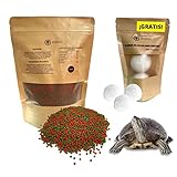 [TAMAÑO] La comida de tortuga con su tamaño de granos de 1 mm es ideal para cualquier etapa de tu tortuga, anfibio y reptil, desde una tortuga anfibio y reptil cría hasta una tortuga, anfibio y reptil adulta.